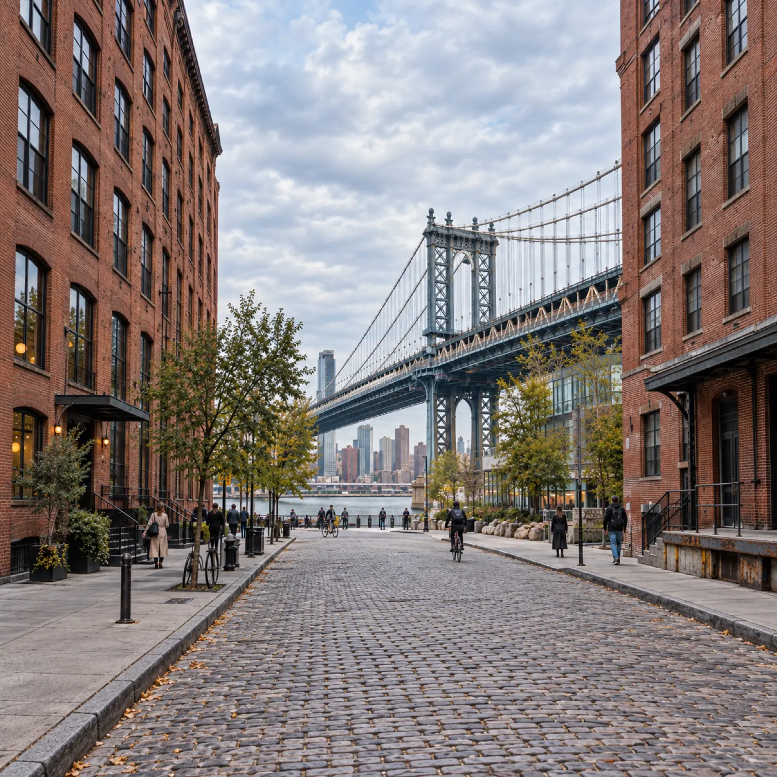 A cobblestone street in Brooklyn framed by the Manhattan Bridge