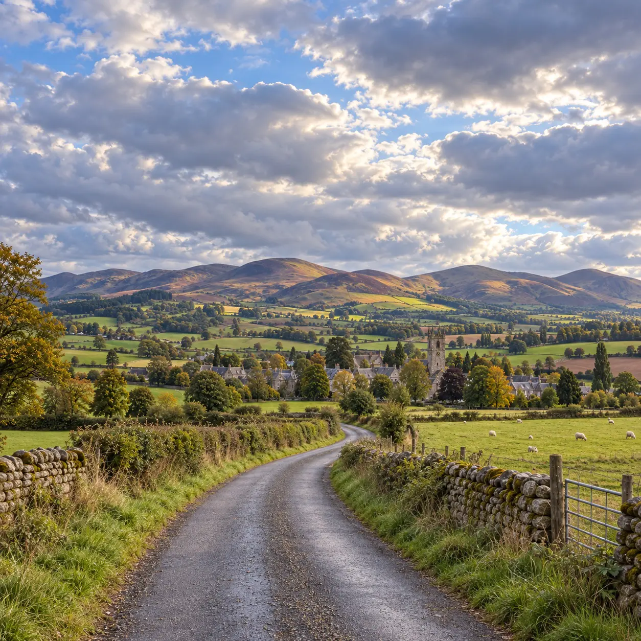 A country lane leading to the village of Dunning in Scotland, with rolling hills behind