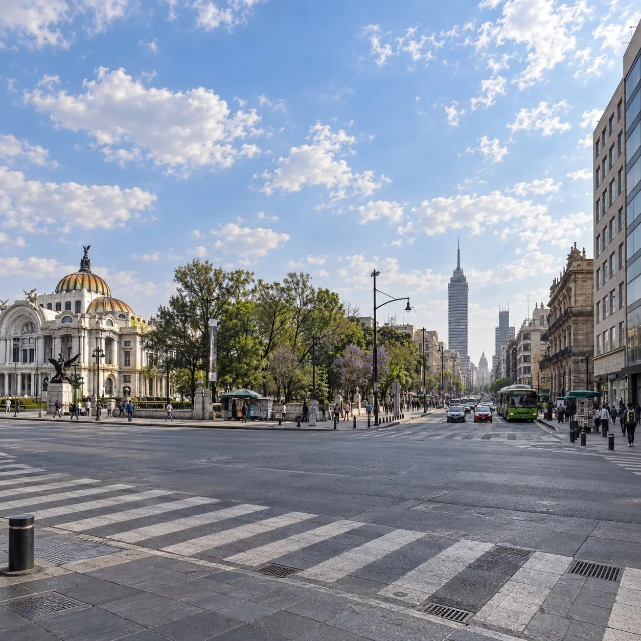 The Palacio de Bellas Artes and Torre Latinoamericana on a wide avenue in central Mexico City