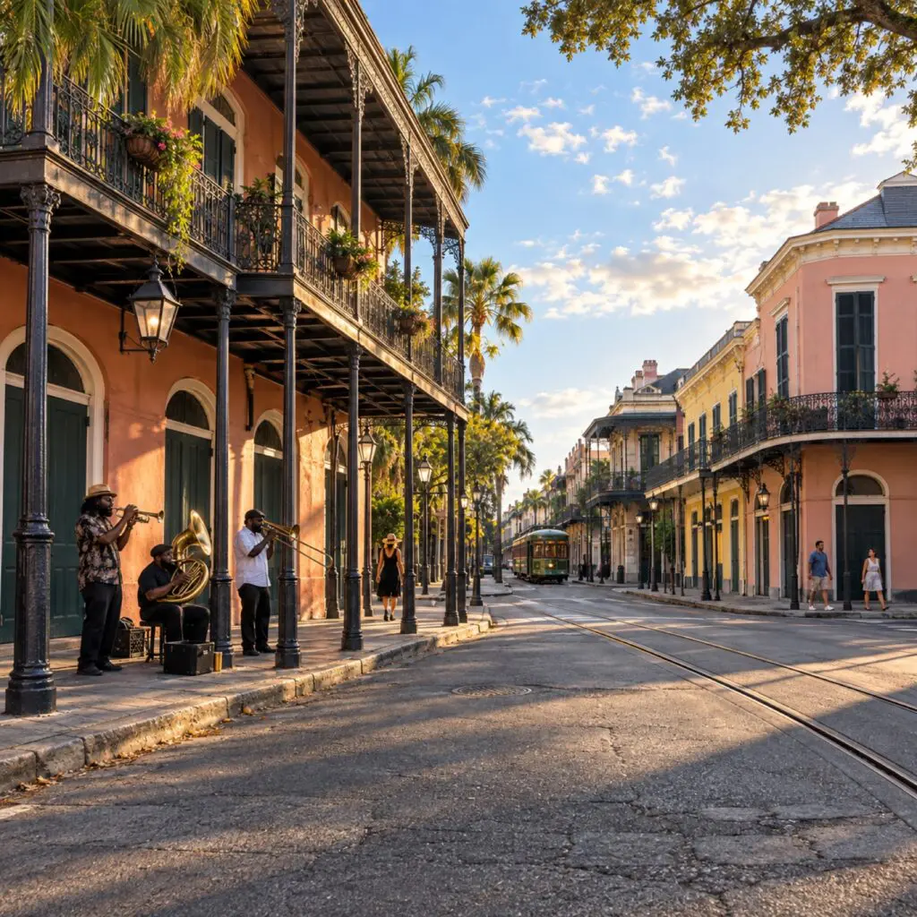 A brass band playing under French Quarter balconies as a streetcar passes in New Orleans