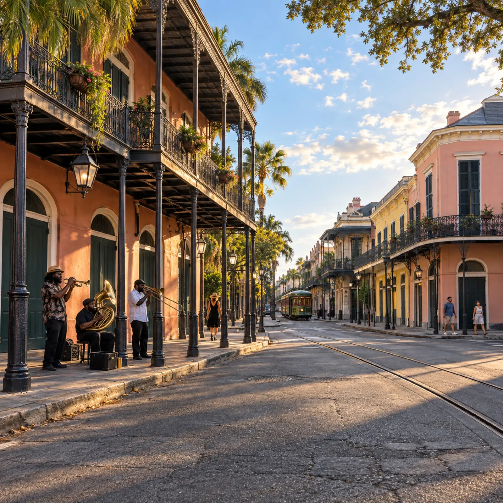 A brass band playing under French Quarter balconies as a streetcar passes in New Orleans