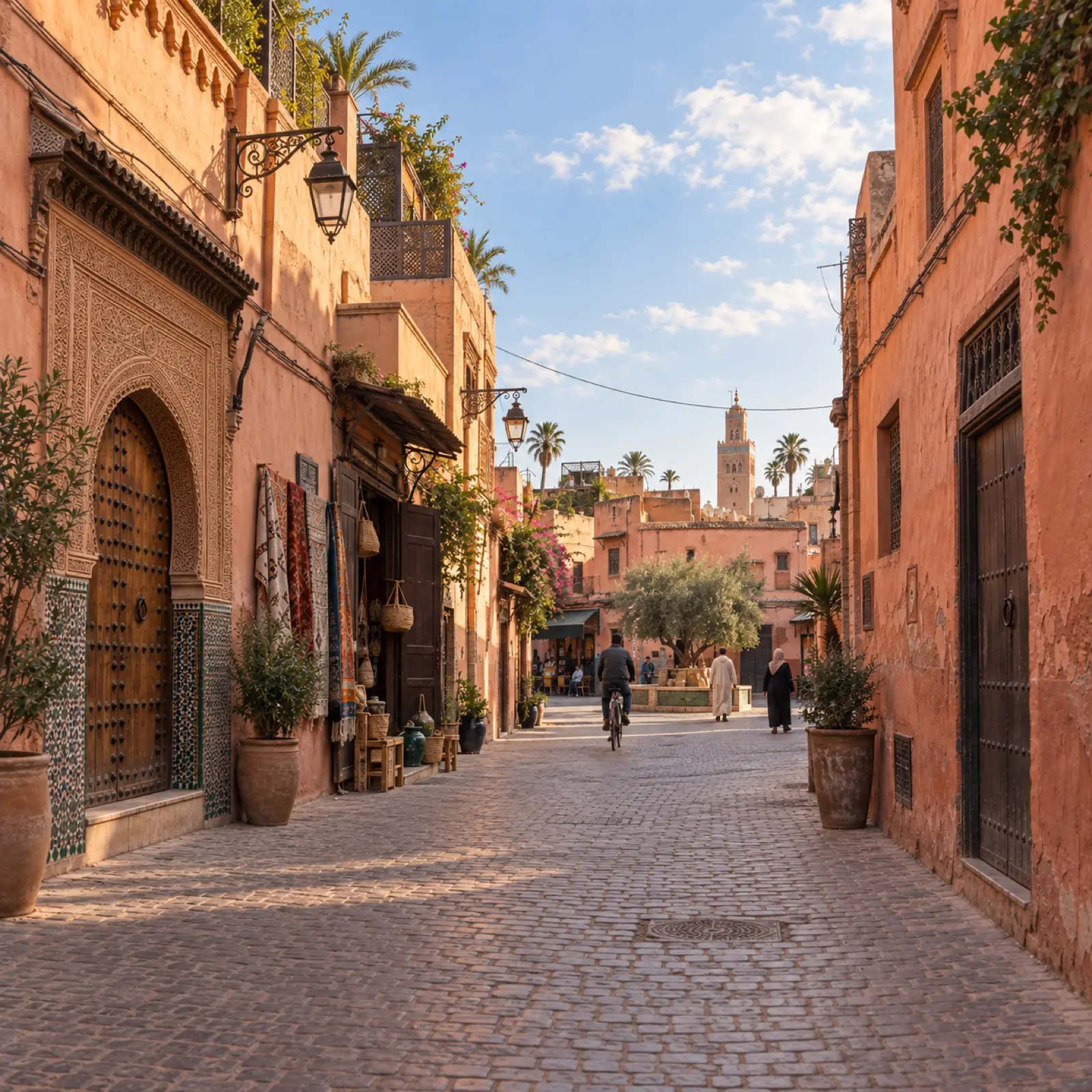 A cyclist on a sunlit street in the Marrakesh medina with a minaret in the distance