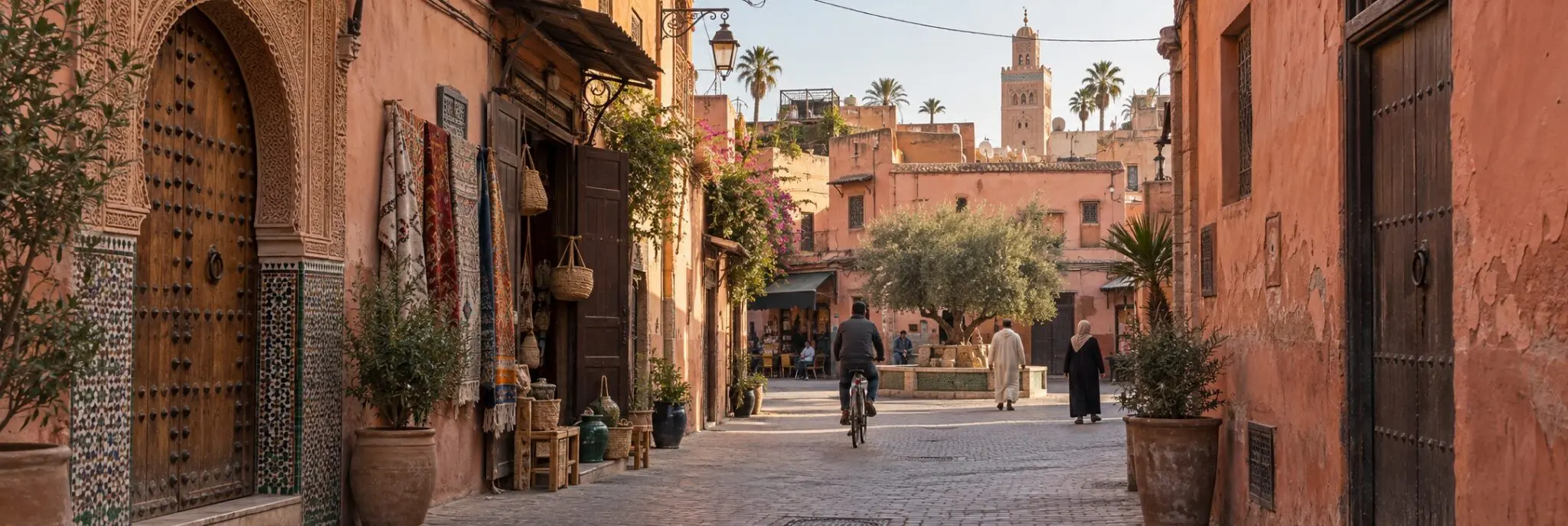 A cyclist on a sunlit street in the Marrakech medina with a minaret in the distance