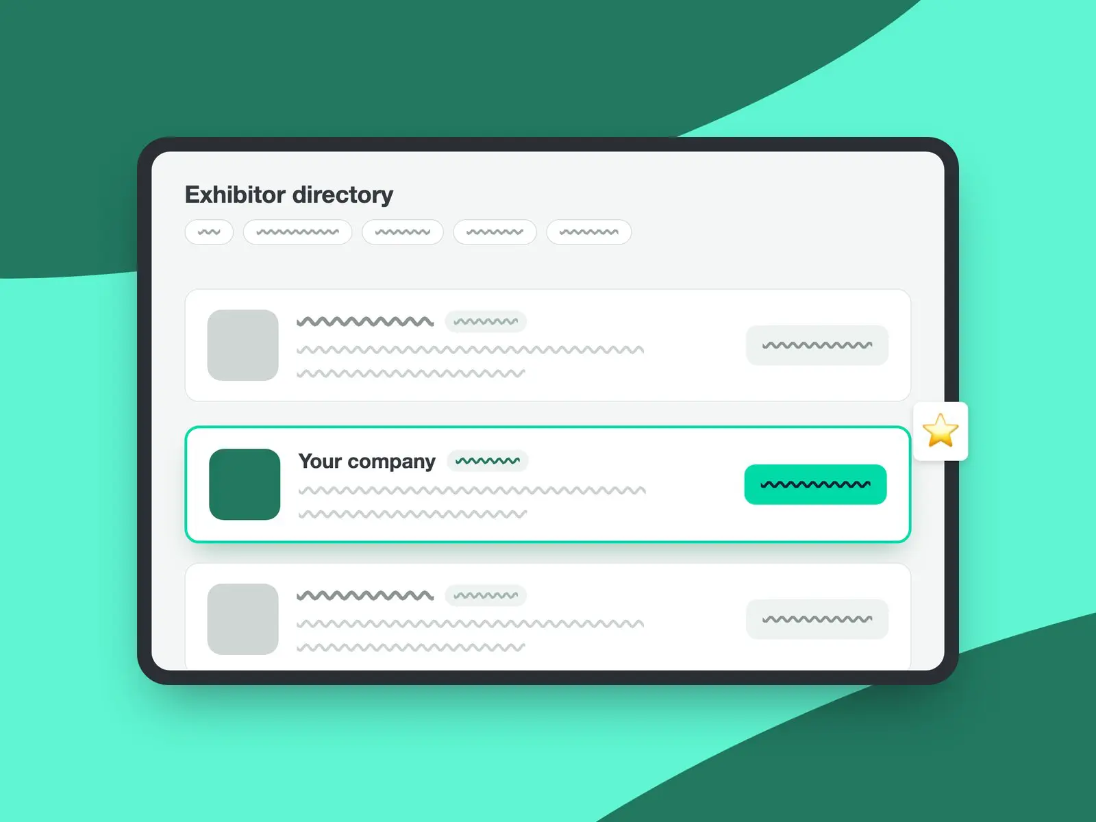 Illustration of the exhibitor directory with your company's listing and offer button highlighted